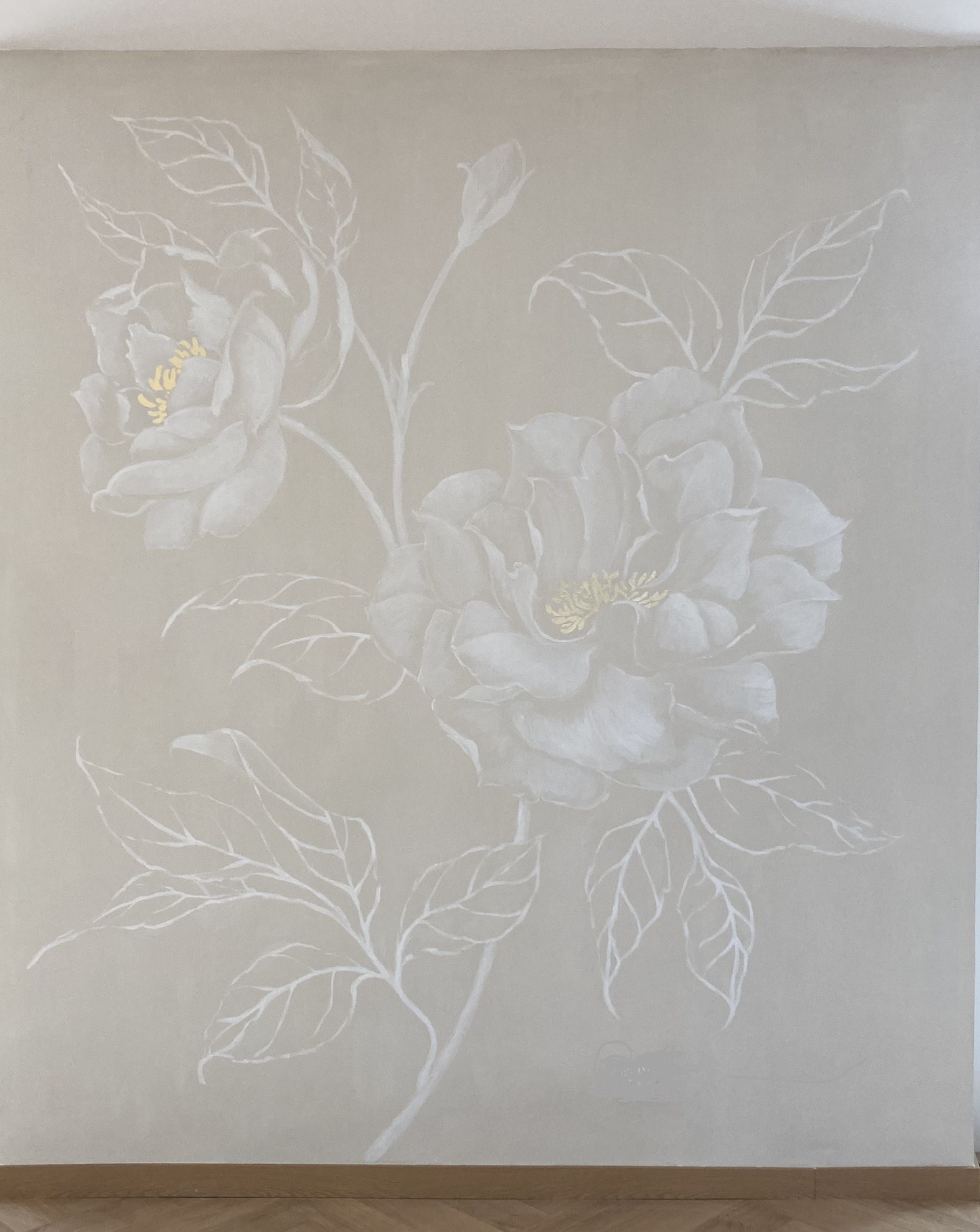 fleurs blanches roses peintes à la main décor mural